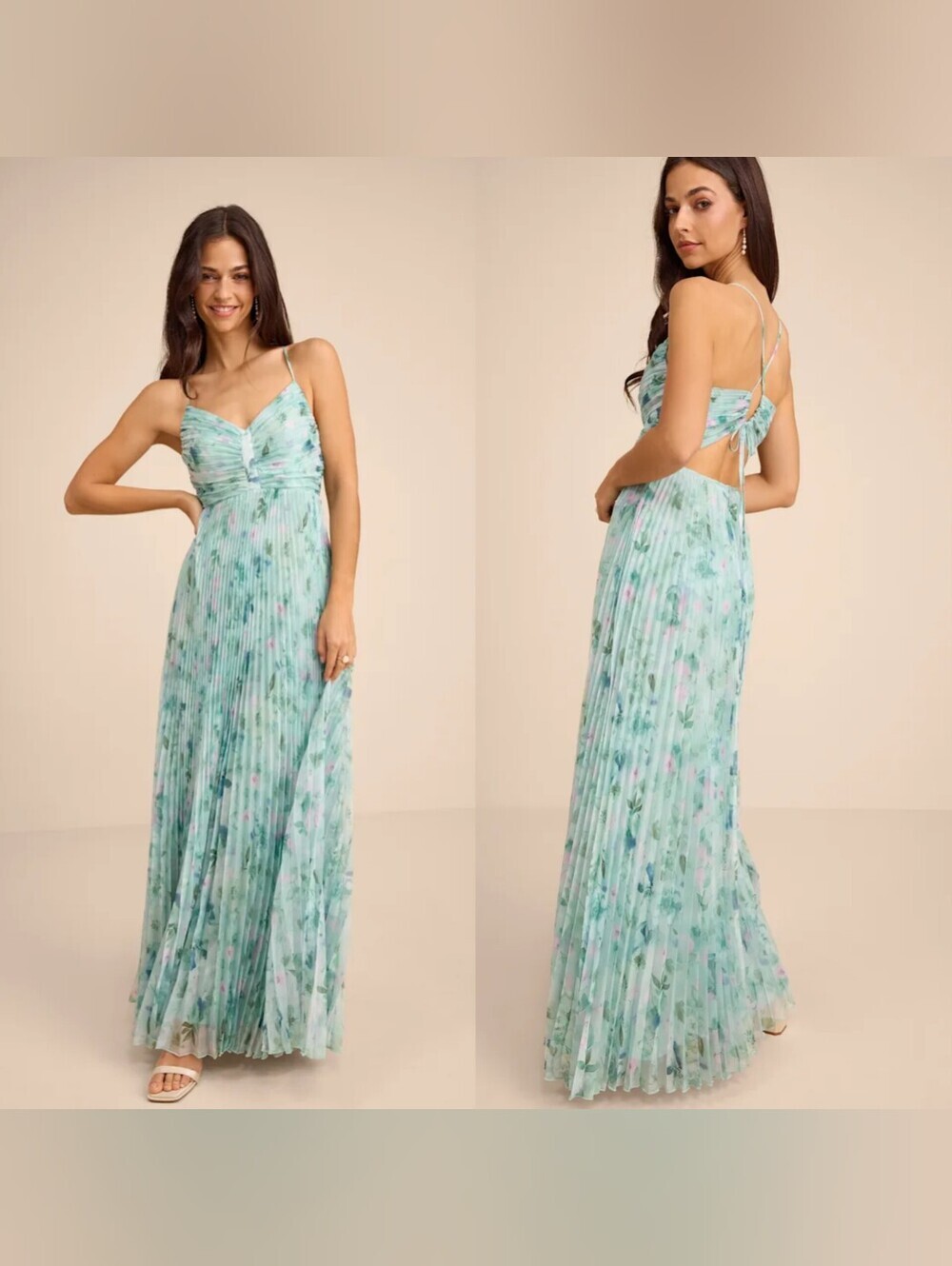 Lulus Whitley Mint Green Floral Pleated Sleeveless Maxi Dress S Wedding Party